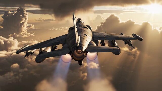 Fighter jet flying through dramatic clouds at sunset with afterburners on