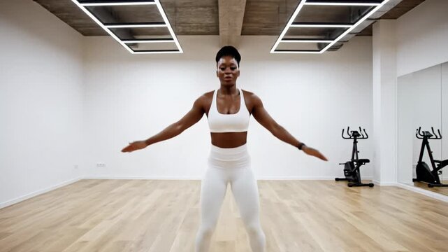 Fit Black Woman Doing Jumping Jacks in a Modern Gym