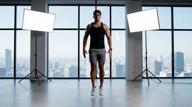 Fit man doing jumping jacks in studio with city view