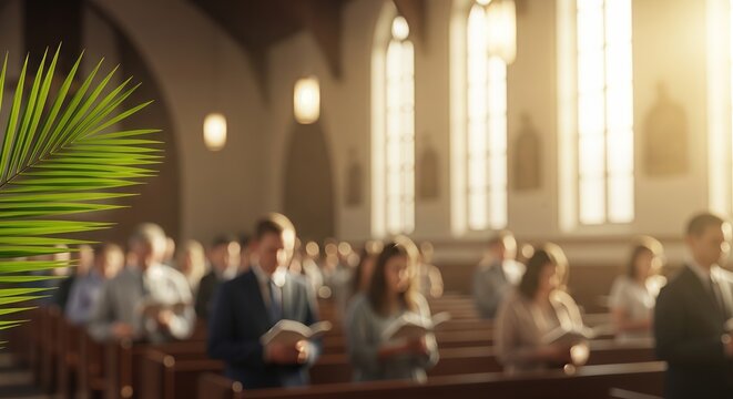 Palm branch in foreground with blurred congregation in church interior. People attending mass on Palm Sunday. Religious service, prayer, spiritual gathering and Christian tradition.