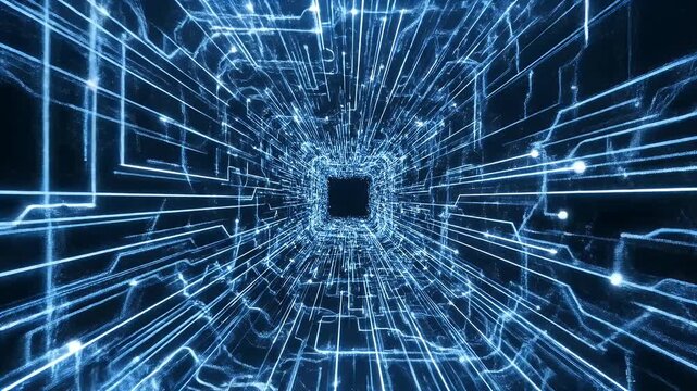Immersive tunnel of glowing blue digital lines converging into darkness
