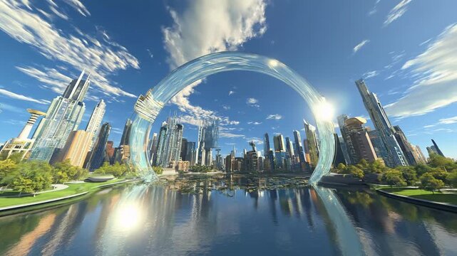 Futuristic Cityscape with Water Reflection and Sky Arch