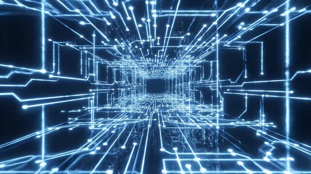 Abstract digital network of glowing blue lines and nodes receding into darkness