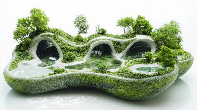Futuristic Eco-Architecture: Green Landscape with Water Features and Caves