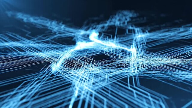 Glowing blue circuit board lines and nodes crisscross abstractly