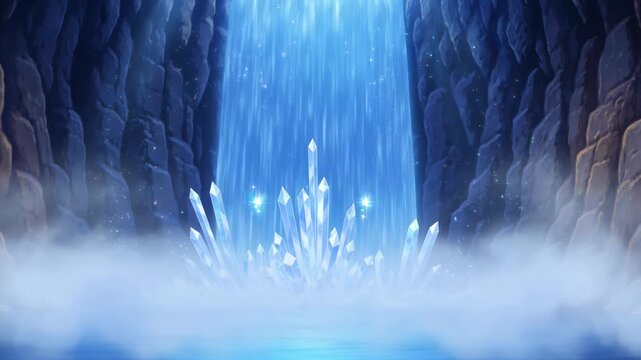 Crystal cave with waterfall and mystical blue light, an enchanting illustration