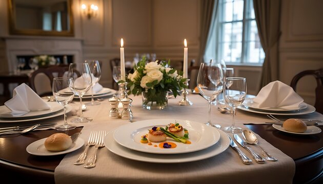 Elegant Dining Table Set for Formal Meal with Centerpiece and Candles