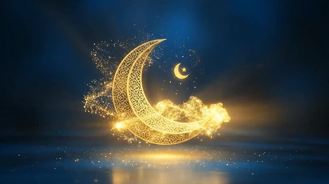 Golden Crescent Moon and Sparkling Night Sky