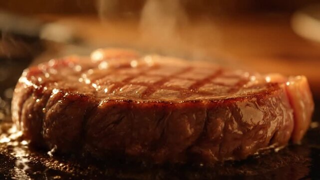 A grilled steak sizzles on a hot surface with visible grill marks and steam rising.