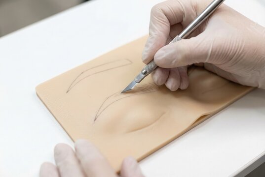 Student practicing microblading strokes with a blade tool on silicone practice skin