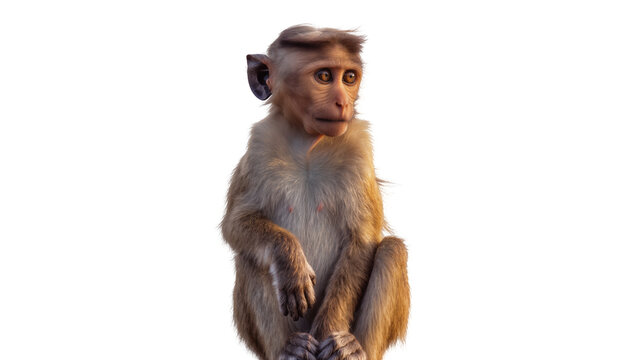 Adorable young macaque monkey with light brown fur and expressive eyes, sitting calmly and looking forward, isolated PNG on transparent background