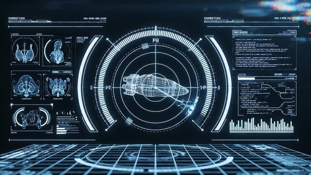 Futuristic HUD Radar Screen with 3D Wireframe Aircraft and Data Displays