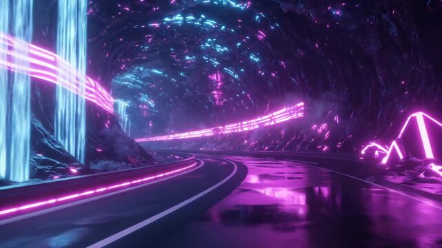Futuristic Neon Tunnel Drive: Abstract Retro Wave Cyberpunk Road with Glowing Crystals