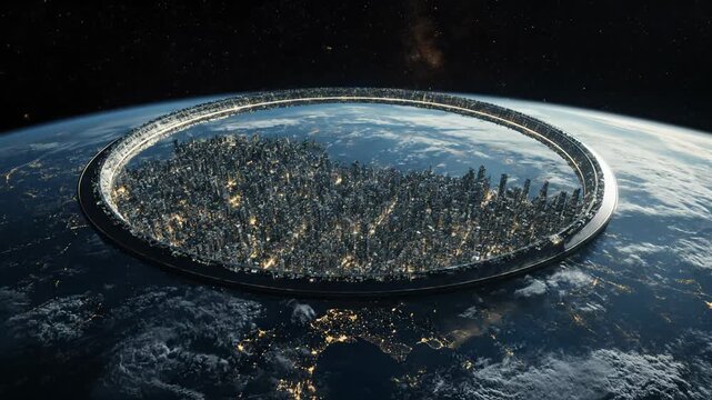 Futuristic Ring City Orbiting Earth - Sci-Fi Space Station with Sky Scrapers