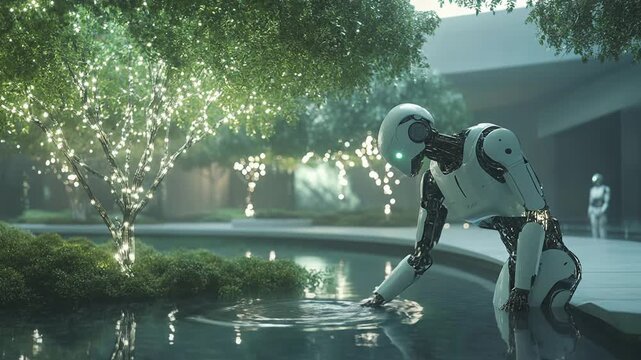 Futuristic robot touching water in a serene garden with fairy lights