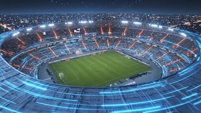 Futuristic Soccer Stadium At Night With Neon Lights and Cityscape Background
