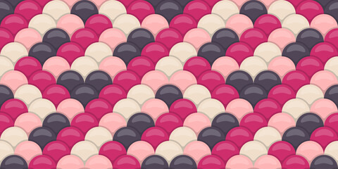 Seamless pattern of overlapping, glossy scales in pink, cream, and dark gray.  Perfect for feminine designs, websites, or textile prints. © Olena
