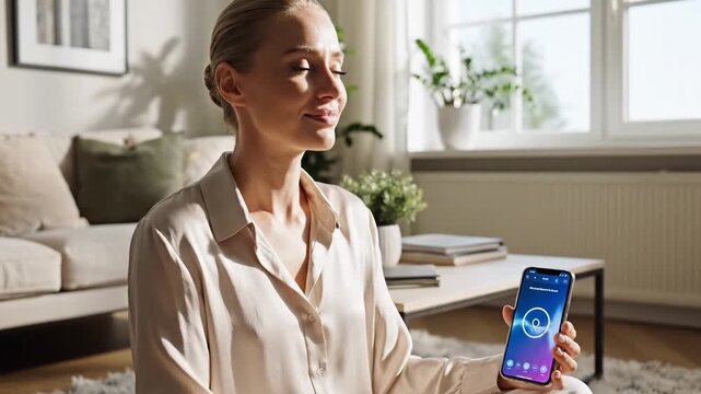 Calm Woman Meditating in a Bright Living Room Holding a Smartphone Displaying a Waveform Graphic in Soft Natural Sunlight