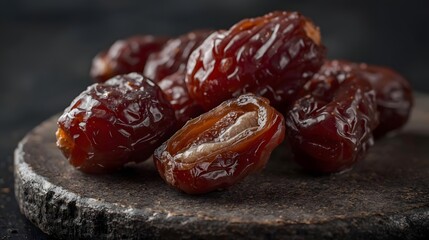 Close up of sweet dried dates fruit on stone plate for ramadan iftar