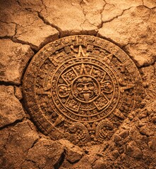 Naklejka premium Aztec Calendar Stone Emerging From Dry Cracked Ground
