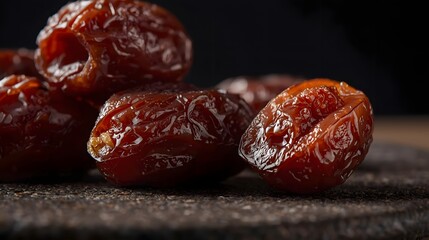 Close up of sweet dried dates fruit on stone plate for ramadan iftar