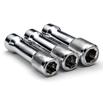Chrome Socket Wrench Extender Set: A set of three gleaming chrome socket wrench extenders, each featuring a knurled grip for enhanced control, are neatly arranged.