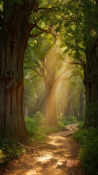 Sunlight streams through ancient forest trees illuminating dirt path motion through lush green nature outdoors