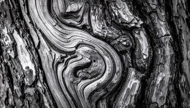 Intricate patterns of tree bark in black and white, showcasing natural textures and organic forms.