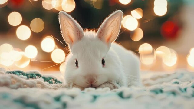 Fluffy Easter bunny: A cute, white bunny lounges comfortably, gazing directly at the viewer with its floppy ears, against a soft, out-of-focus backdrop with light sparkles.