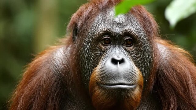 Orangutan portrait in jungle.