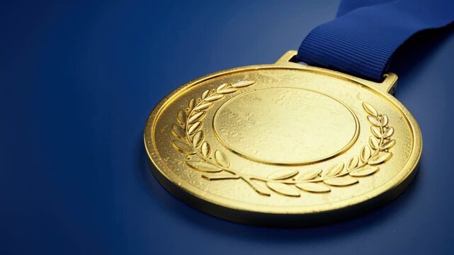Gold Medal on Blue: A gleaming gold medal, symbol of honor and triumph, rests gracefully against a backdrop of rich, deep blue, radiating prestige and victory.