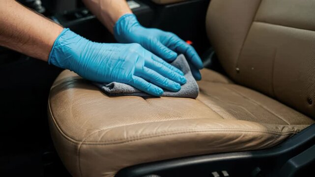 Detailing Leather Car Seat: Close-up of gloved hands meticulously cleaning a tan leather car seat with a soft microfiber cloth, showcasing car care and attention to detail.