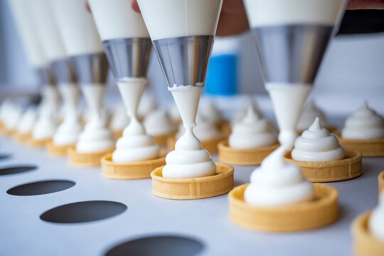 Expert baker piping delicate white meringue cream onto golden tart shells for delicious sweet desserts.