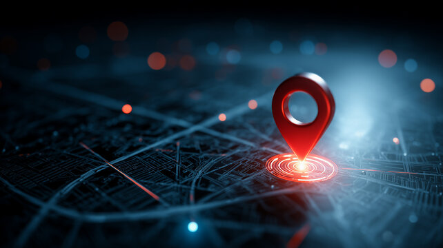 3D red location pin icon glowing on a dark digital city map with neon light trails. Futuristic GPS navigation, logistics, and tracking technology concept in a tech-style background