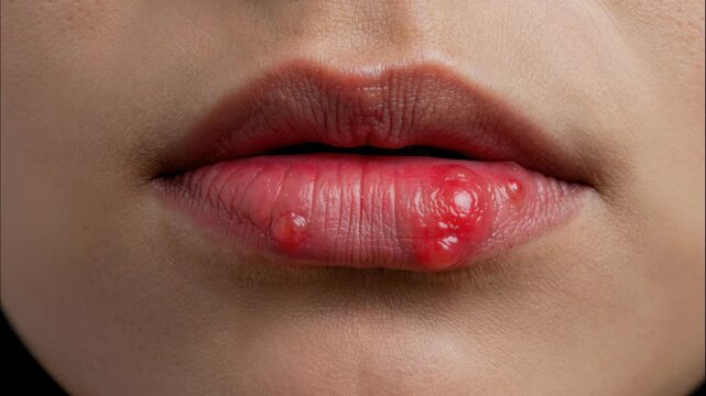 Herpes simplex on the lip: A close-up view of a person's lip afflicted by herpes simplex, the characteristic blisters and sores are visible, a poignant representation of the body's vulnerabilities.