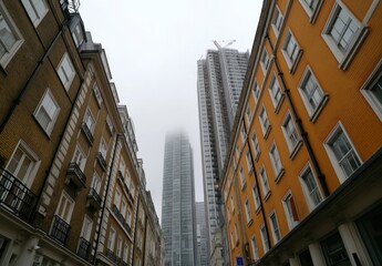 Cityscape view from narrow street showing modern buildings in fog