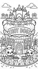 Cute kawaii animal coloring page featuring a bear chef and bunny at a fantasy hot dog stand. Whimsical food world outline illustration for kids activity sheets.
