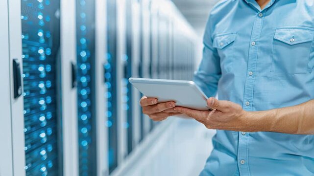 Data Center Supervisor: A focused supervisor stands amidst the heart of a cutting-edge data center, his gaze intent on the data streaming from the tablet he holds.