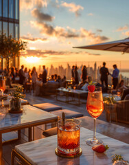 Fototapeta premium Luxury rooftop bar at sunset with cold cocktails on a marble table. Blurred silhouettes of people enjoying the golden hour with a stunning city skyline view in the background