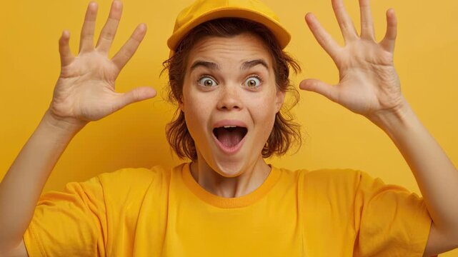 Astonishment in Yellow: A portrait of a woman's surprised face and expressive gestures against a vibrant yellow backdrop, emphasizing awe and wonder.