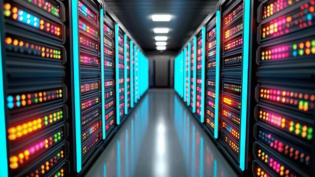 Server Room Pathway: A captivating perspective of a state-of-the-art server room, showcasing rows of high-tech servers bathed in cool, energetic blue light.