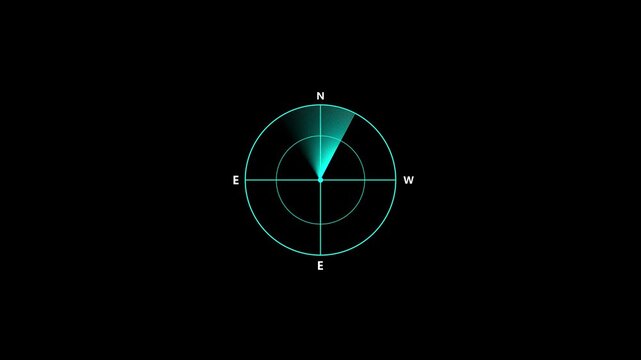 Minimalist radar screen with teal sweep on black background, circular grid and compass labels indicating direction, futuristic navigation and scanning concept.