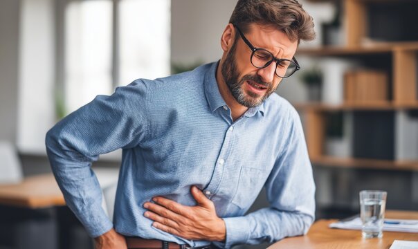 Man clutching his stomach while sitting at a desk in an office
