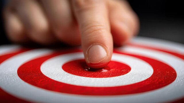 Precision and Focus: A close-up shot of a finger pointing directly towards the center of a target, highlighting the concepts of accuracy and goal attainment.