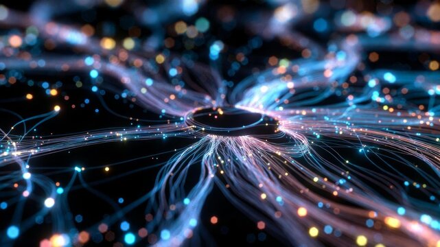 Glowing AI Neural Network Lines Flowing in Dark Futuristic Space