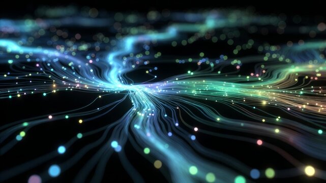 Glowing AI Neural Network Lines Flowing Through Dark Futuristic Space