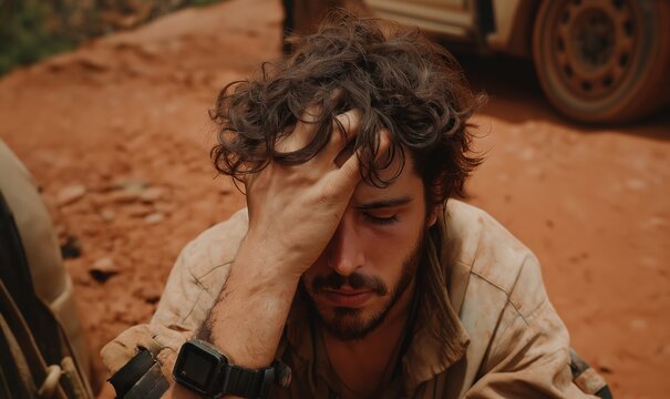 Mudstained car and man sitting on dirt road after calima