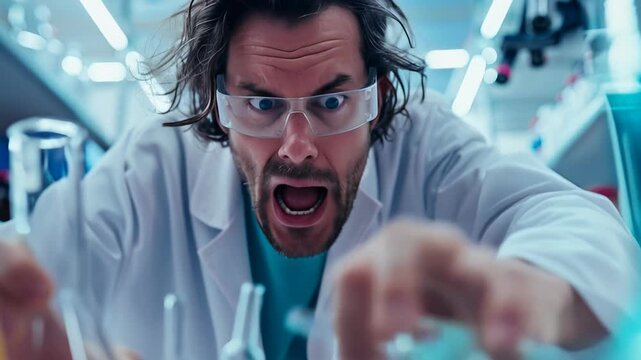 Mad Scientist Pouring Chemicals in Lab with Shocked Expression