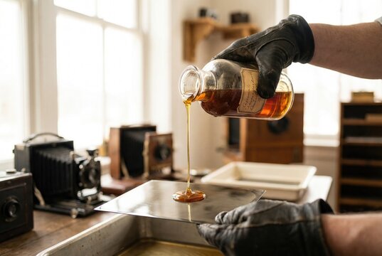 Photographer pouring collodion chemical from vintage bottle onto metal plate for tintype photography