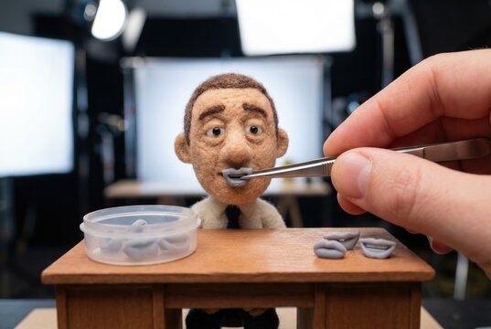 Close up of animator hand using tweezers to attach mouth to felt puppet character in stop motion studio